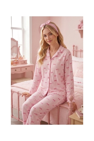 Fit Women Pembe Çizgili Kurdele Desenli Bürümçük Kumaş Uzun Kollu Pijama Takımı 6069