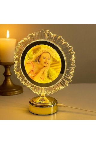 Abajur Yatak Odası İçin Led Işıklı Fotoğraflı Çerçeve Kristal Yuvarlak Kişiye Özel Resimli Abajür Altın