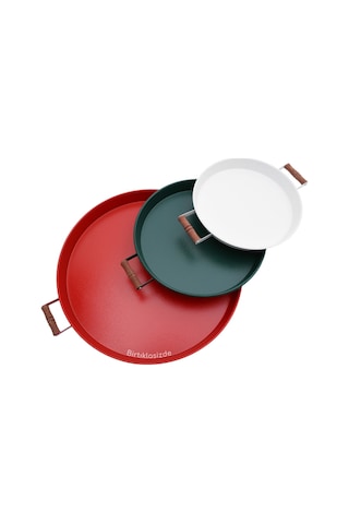 Kitchen Trend 3 Lü Ahşap Kulplu Metal Tepsi Çay Tepsisi Kahve Tepsisi Sunum Tepsi Seti Kırmızı,yeşi
