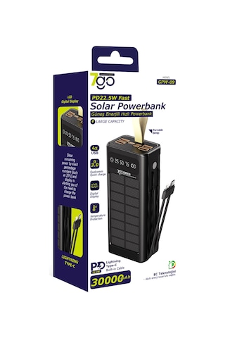 7go Gpw-09 30000mah Güneş Enerjili Powerbank Pd 22.5w Hızlı Şarj Dahili Type-c & Lightning Kablo Siyah