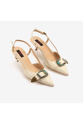 Rouge Kadın Taşlı Toka Detaylı Slingback Sivri Burun 6cm Topuklu Ayakkabı 7124 Bej