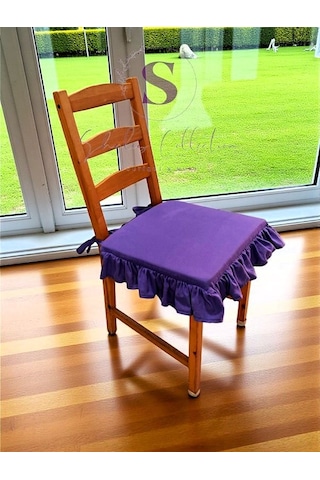 Mor Renk Buldan Yıkanmıs Keten 4 Tarafı Fırfırlı Sandalye Minderi Mor