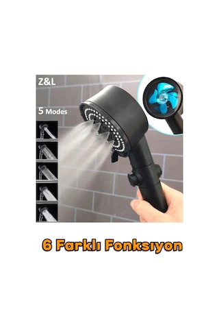 Turbo Fan Pervaneli 5 Fonksiyonlu Star Stop Su Tasarruflu Duş Başlığı Pervaneli Turbo El Duşu Siyah Çok Renkli