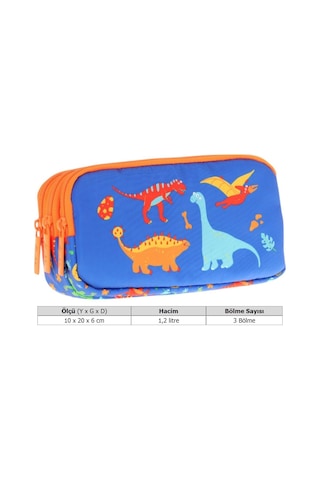 Kaukko Kids Turuncu Mavi, Dinazorlar Temalı, Erkek Çocuk Üç Bölmeli Kalemlik/kalem Çantası - L8278 Mavi - Turuncu