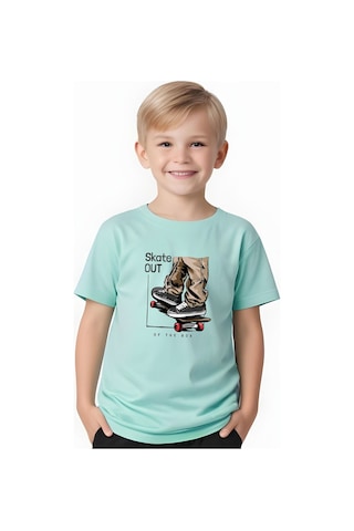 Fyk Kids Erkek Çocuk Yuvarlak Yaka Skate Out Baskılı T-shirt Mint Yeşil
