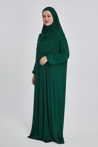 Pratik Başörtülü Rahat Giyilebilen Organik Tek Parça Namaz Elbisesi Zümrüt Zümrüt Yeşili