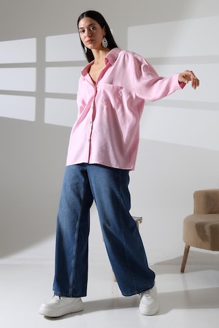 Ribana Classic Tek Cep Modal Oversize Kadın Gömlek Pembe