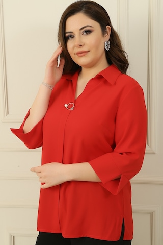 By Saygı Polo Yaka Çeyrek Kol Büyük Beden Bluz Kırmızı