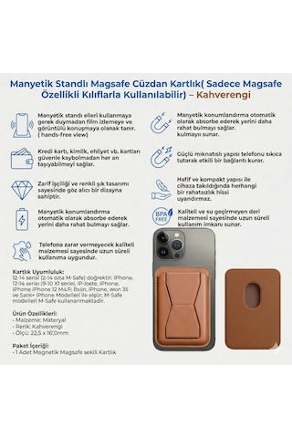 Manyetik Standlı Magsafe Cüzdan Kartlık Sadece Magsafe Özellikli Kılıflarla Kullanılabilir Kahverengi Zebana