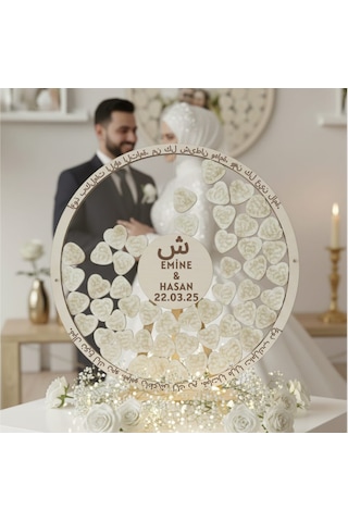 Evlilik Sepetim Düğün-nişan Şeffah Pleksi Nazar Duası İşlemeli 50 Cm Yuvarlak Misafir-hatıra Anı Defteri-kutusu + Şövale Ve Kalem Hediyeli