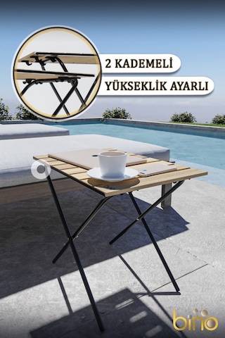 Bino Yükseklik Ayarlı Katlanır Ahşap Kamp Mutfak Piknik Balkon Masası
