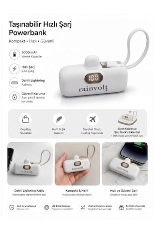 Rainvolt Mini Kapsül Powerbank Led Dijital Göstergeli & Dahili Kablolu Taşınabilir Şarj Cihazı Beyaz