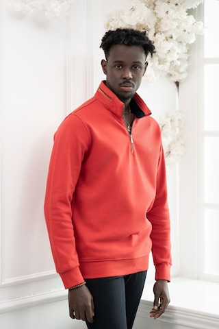 San&Fa Regular Fit Biyeli Fermuarlı Dik Yaka Armürlü Pamuklu Sweatshirt Nar Çiceği