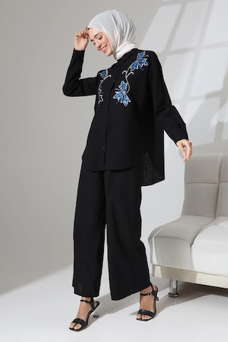 Mihran Butik 100% Pamuk Keten Günlük Ve Rahat Çiçek Desen Nakışlı Pullu Gömlek Pantolon Yazlık Alt Üst Takım Siyah
