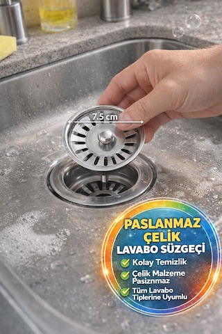 Paslanmaz Çelik Lavabo Süzgeci 8 Cm Gider Tıpası Mutfak Banyo Koku Önleyici Filtre