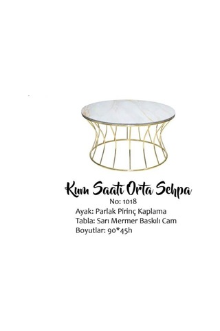 Brc Orta Sehpa Kum Saat Sarı Mermer Temper Cam Çelik Gold Renk Kaplama El Yapım