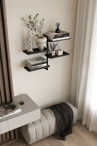 Aju 4 Katlı Duvar Rafı Metal Çerçeveli Dekoratif Kitaplık Ve Raf Ünitesi Modern Ve Minimalist Tasarım Siyah