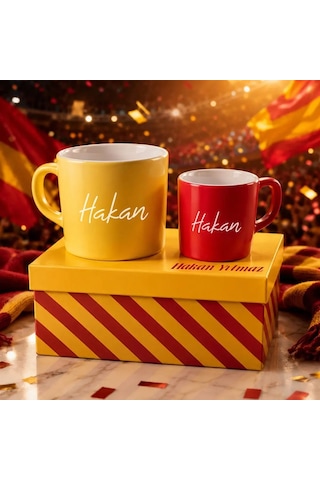 Bk Gift Kişiye Özel İsimli Kutulu Sarı Kırmızı Taraftar Renkleri Temalı İkili Seramik Kupa&fincan Seti-2 Çok Renkli