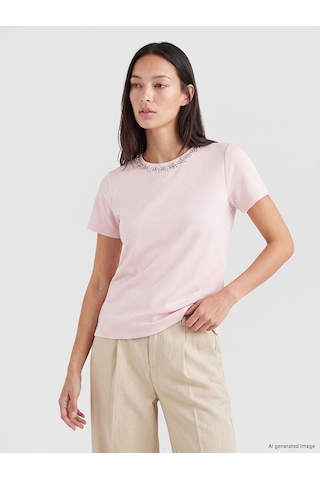 Lcw Everyday Pembe Bisiklet Yaka Taşlı Kadın Tişört