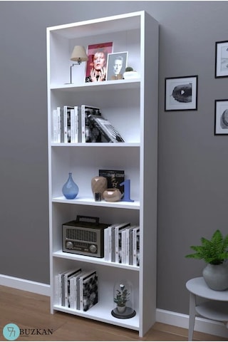 MDF 169 cm Genişlik Beyaz 5 Raflı Kitaplık