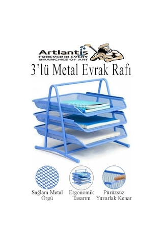 Mavi Metal Evrak Rafı 3 Lü Ve Masaüstü Kalemlik 1 Paket Masaüstü A4 Dosya 3 Katlı Düzenleyici Kağıt Tepsisi Metal Mavi