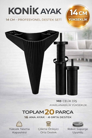 İmt Aksesuar Konik 14 Cm Siyah Mobilya 20 'li Set Robot Süpürgeye Uyumlu Koltuk Tv Ünitesi Konsol Ayağı Siyah