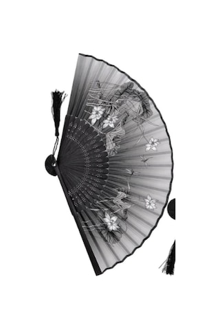 Beluga Yelpaze Bambu Kumaş Serinletici Vintage Siyah Şık Dekorasyon Püsküllü Japon Yelpaze 0365