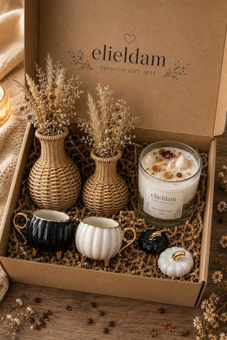 Doğum Günü, Özel Gün, Yeni İş, Yeni Ev Hediyesi İkili Porselen Fincan, Büyük Soya Mum, İkili Rattan Vazo Ve Kuru Çiçek Seti