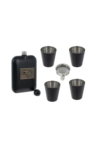 Lüks Kartal Logolu Paslanmaz Çelik İçki Matarası Avcı Kamp Outdoor Hediye Seti Cep Matarası 240 Ml. Siyah