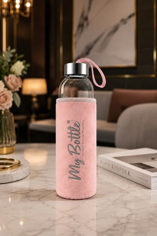 My Bottle Peluş Kılıflı Cam Matara Taşıma Askılı Şık Su Şişesi Powder Blush