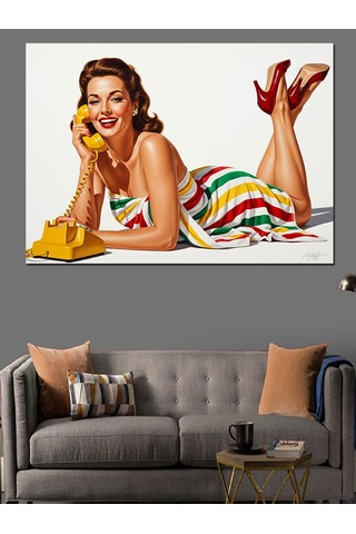 Vintage Pin-up Telefonla Konuşan Kadın Dekoratif Kanvas - Mdf Ahşap Tablo