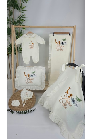 Gros Shop Müslin Yeni Doğan 4katlı Organik %100pamuk Kişiye Özgü Nakışlı Hastane Çıkış Seti Safari Model-3 Ekru