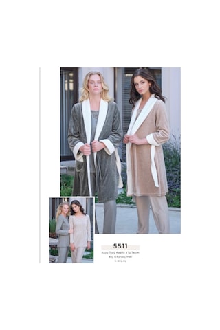 Bone Club 5511 Haki Kuzu Tüyü Kadife 3Lü Lohusa Pijama Sabahlık Tk