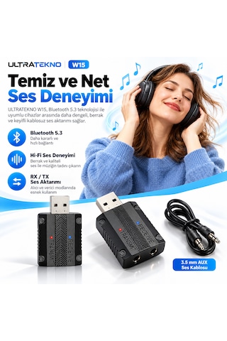 W15 Bluetooth 5.3 2'si 1 Arada Ses Alıcı Verici Rx Tx 3.5mm Aux Usb Adaptör Araç Tv Pc Hoparlör Kulaklık