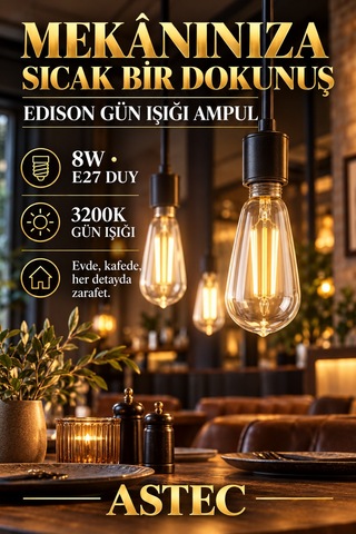 Astec E27 Edison Gün Işığı Ampul 8 Watt 3200k Gün Işığı Dekoratif Filament Led