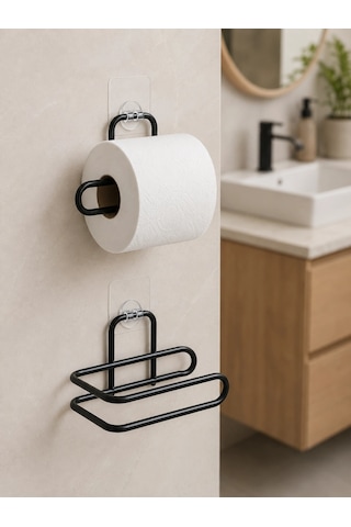 2 Li Siyah Metal Rulo Kağıt Tutucu Yapışkanlı Banyo Ve Mutfak Kağıtlık Antrasit Melanj