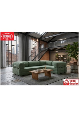 Herev Max 300x200 Kk Köşe Koltuk Takımı / Fitilli Kadife Kumaşlı Şark Köşe Yeşil