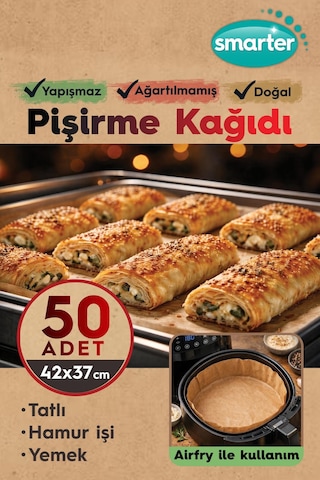 Smarter 50 Adet Ağartılmamış Hazır Kesilmiş Pişirme Kağıdı Airfryer 42x37cm Yapışmaz