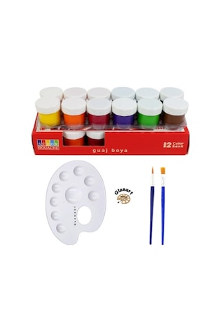 Sentetik İpek Fırçalı 12 Renk Guaj Boya Seti 12x20 Ml Çok Renkli