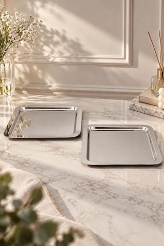 6 Lı Paslanmaz Metal Kahve Sunum Servis Tepsisi Tepsi 22cm Gümüş