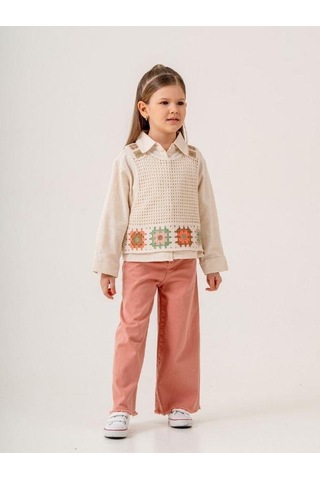 Kız Cocuk Gömlek Motif Desenli Süveter İkili Takım-15515 Bej