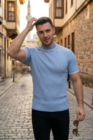 Wear Vexel Erkek Fitilli Triko Dokuma Kısa Kol Tişört Yarım Boğaz Modern Yazlık T-shirt - Bebe Mavisi Çok Renkli