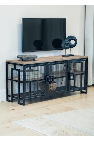 Dekoratif Metal Gövdeli Ahşap Raflı Tv Ünitesi 3 Raflı 3 Kapaklı Tv Sehpası 120 X 30 Cm Televizyon Ünitesi Siyah