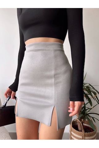 Çift Yurtmaçlı Süet Etek Gri S241002 Gri