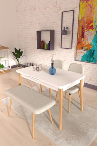 Vilinze Tosya Sandalye Tosya Bank Avanos Ahşap Mdf Açılır Mutfak Masası Takımı - 70x120+30 Cm Krem