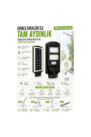 100 W Solar Sokak Armatürü Sensörlü Profesyonel Seri, Kumandalı Montaj Seti Hediyeli