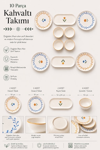 10 Parça 4 Kişilik Vivia Stoneware Kahvaltı Takımı - Özel Desenli Kahvaltılık Servis Sunum Seti Çok Renkli