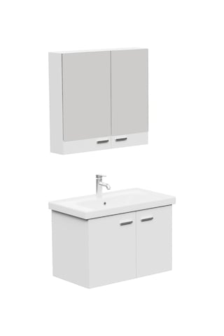 Aqua Bagno Basic Alt Dolap + Üst Dolap -lavabo Dahil-beyaz ,80 Cm. 3 Parça Beyaz