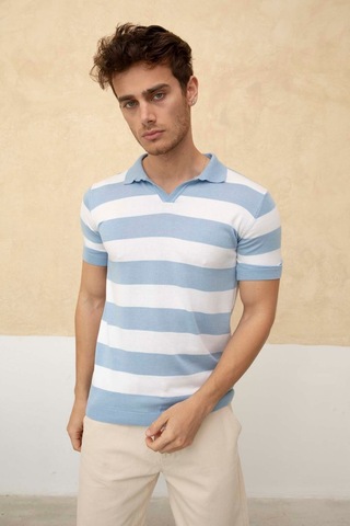 Tarz Cool Renk Bloklu Polo Yaka Triko T-shirt Mavi