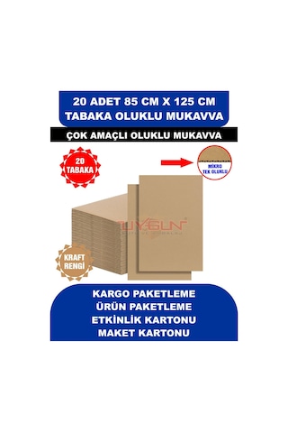 20 Adet 85cm X 125cm Baskısız Tabaka Oluklu Mukavva, Çocuk Etkinlik Kartonu, Maket Kartonu, Kargo Kartonu